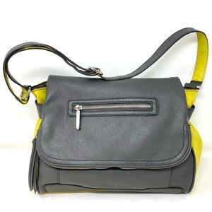 Romeo & Juliet Couture Fold Over Crossbody/Shoulder Bag Snap Closure Yellow Grey